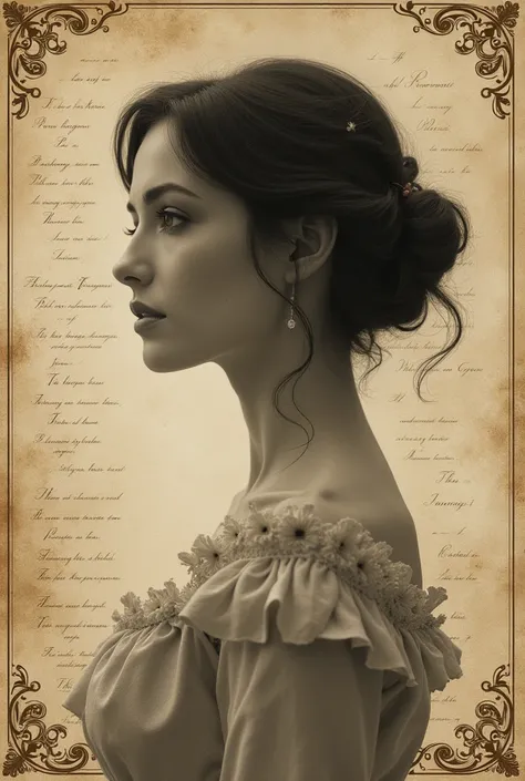 "Design a profile picture with a vintage, poetic aesthetic. Imagine a softly faded sepia or black-and-white portrait featuring elegant script or handwritten poetry in the background. Incorporate elements like old parchment textures, antique ink quills, or ...