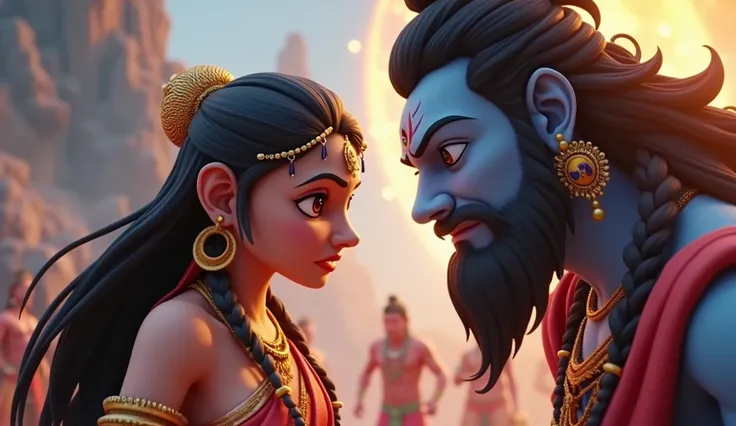 Create cinematic 3d cartoon style images of"Parvati grieving over baby body, her tears flowing, as she confronts Shiva with her anger and despair.
Image 12: Shiva sending his attendants to find a head for Ganesha, with a sense of urgency and regret on his ...