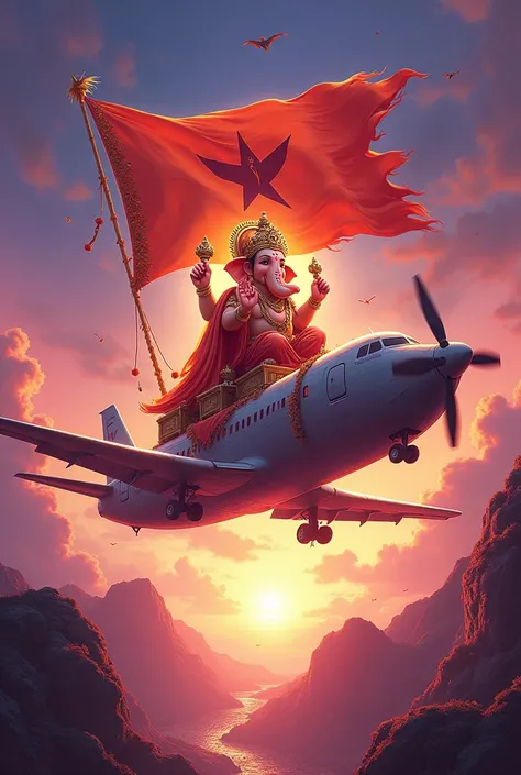 Ganpati Bappa arriving on a plane which has a flag of hikerwolf for celebration of Ganesh chaturthi flag and theme should be magenta purple 