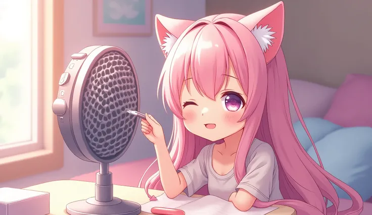 Cute anime girl smiling with long pink hair and cat ears doing asmr ear cleaning into a microphone that looks like an ear