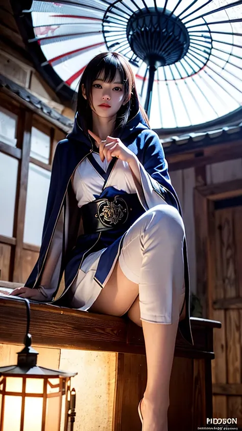 South korea assassin women mystery hooded on with modern royal Blue london coat with long and wide sleeves with buttons and royal Blue cape and very high white heel over the knee and white gloves, As she reveals a small secret hidden blade coming from his ...