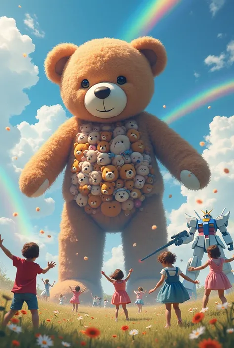 A giant teddy bear made up of many teddy bears, Children dance enthusiastically around, Rainbows and clouds,ガンダムRX-78と戦う