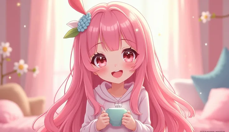 Cute smiling anime girl with long pink hair doing asmr blowing vtuber