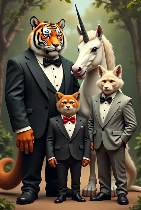 4 animals (tiger, monkey, fox, unicorn and rhino) wearing suits 