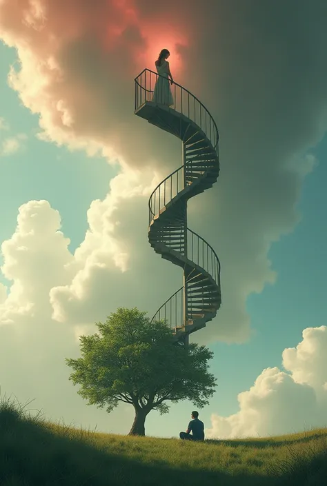  ,tones in red grey , clouds in the sky where a spiral staircase leads to earth. This shimmers slightly. At the end of the stairs is a meadow with a single oak tree ,a woman looks down from the cloud .a man sitting crouched against the tree