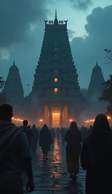 "A majestic view of Puri’s Jagannath Temple at dusk, half-covered in mist, with towering spires rising into the darkening sky. The ancient stonework glows dimly under torchlight, creating a sense of mystery and anticipation. Shadows of pilgrims move slowly...