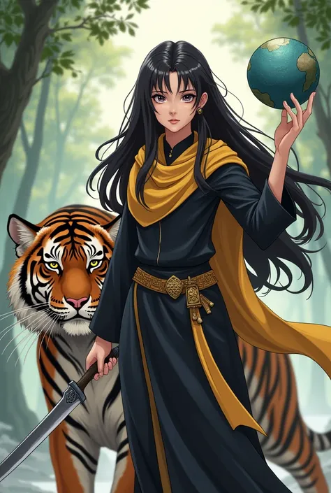  Anime style 1900s. women with long black hair, and left eyes pupils are half moon and right eyes pupil are star with 14 corner. wear malaysia baju kurung tradisional cloth and there is a scarf on her head color yellow gold . And she carry a dagger. while ...