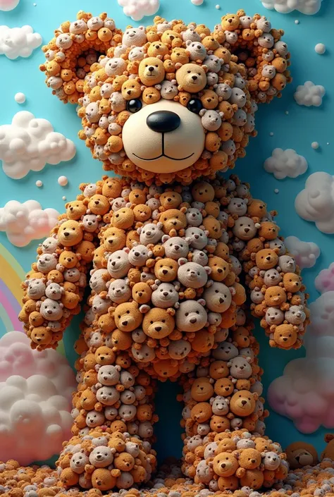 Art in which many teddy bears fit together like a puzzle to form a large teddy bear, rainbow and clouds, bold composition, contemporary art