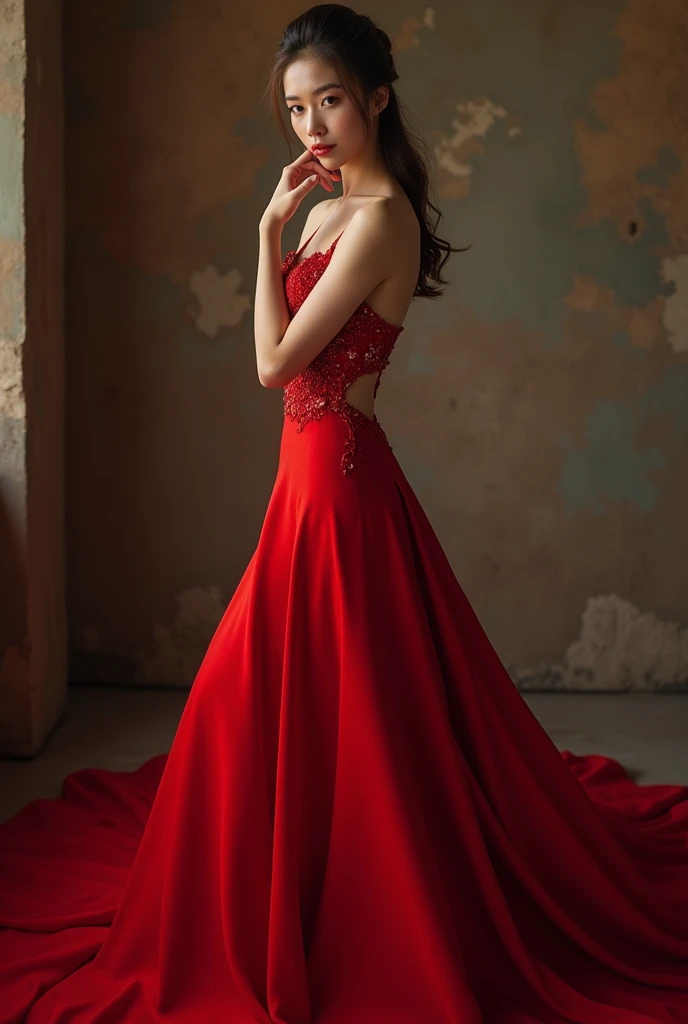 a woman in a red dress posing for a picture, sexy gown, full body xianxia, stunning elegant pose, sexy red dress, tall thin beautiful goddess, full body portrait shot, elegant seducing pose, elegant sleek smooth body, elegant posed, fantasy long intricate ...