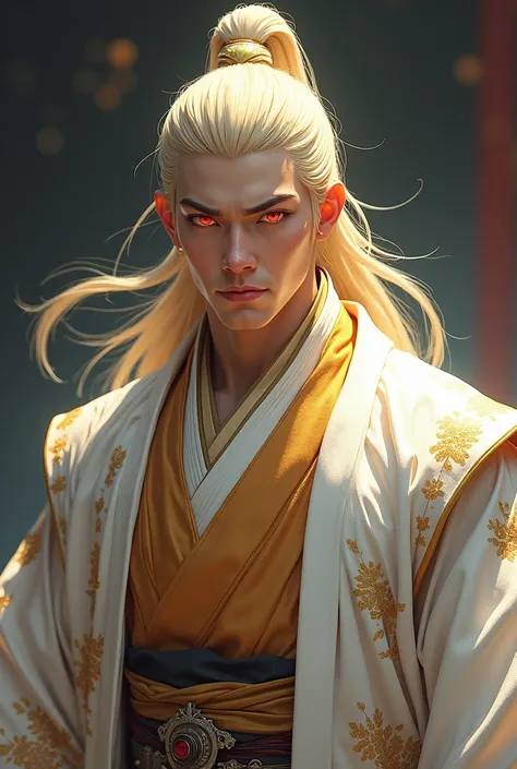 Japanese fantasy Emperor , 30 years old. Give him fiery red eyes, long smooth bright blond hair tied in a ponytail, and give him a regal yukata that is white and gold. Must have Asian facial structure 

Note!!!
No animal traits, no animal ears