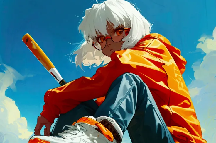 A girl, white hair, glasses, sneaker, orange sneaker, (holding), holding baseball bat, line-art, art book, design sheet, best quality, design, equipment design, cowboy bebop, geometry, wearing Yeezy fashion, magazine, illustrations