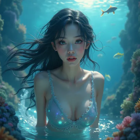 (Best Quality, 4k,8k, High resolution, masterpiece: 1.2), highly detailed, (realist korean girl: 1.5), beautiful eye details, beautiful lips details, highly detailed eyes and face, long eyelashes, seductive look , Fish tail, shiny scales, ethereal beauty, ...