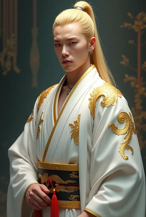 Japanese fantasy Emperor , 30 years old. Give him fiery red eyes, long smooth bright blond hair tied in a ponytail, and give him a regal yukata that is white and gold. Give hime a gentle face. Must have Asian facial structure 

Note!!!
No animal traits, no...