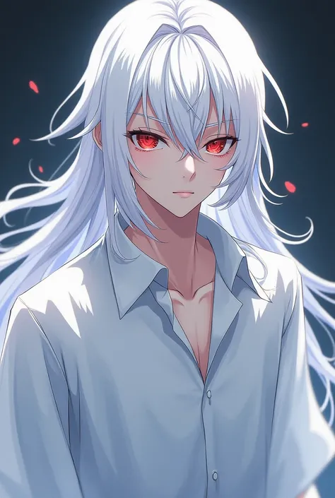 Young man. Long white hair. white eyebrows. white eyelashes. red eyes. white shirt with wide sleeves.
Стиль аниме, Аниме, 