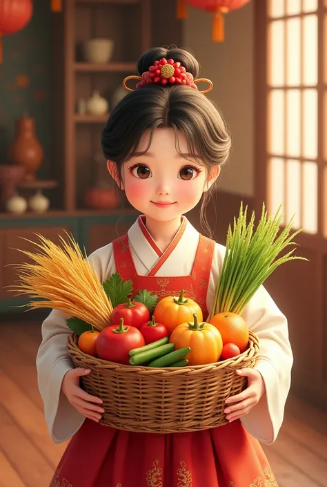 invitations to the traditional Korean holiday of Chusok. The image should show a Korean girl holding gifts symbolizing the harvest (for example, rice, fruits, vegetables and other products). Make the atmosphere bright and cozy to convey the festive atmosph...