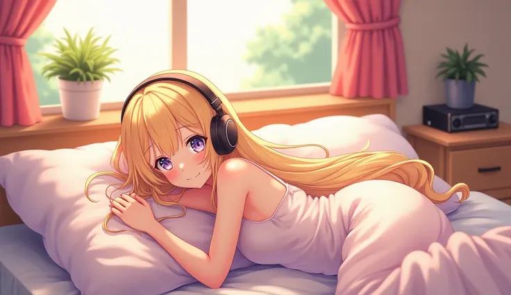 Cute smiling anime girl with long blonde hair lying on her bed listening to music