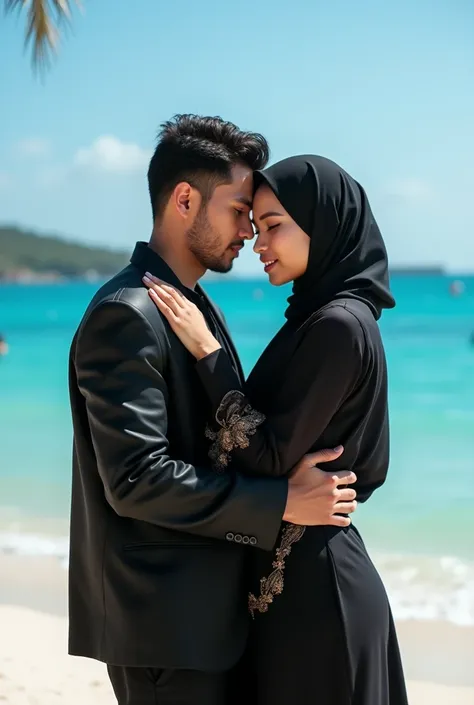 photography high contrast of a couple, a very beautiful Indonesian woman chubby, wearing a hijab pashmina and wearing a black modern muslim kaftan abaya clothes. standing pose hugging with a handsome Indonesian man, wearing a black jacket with t-shirt insi...