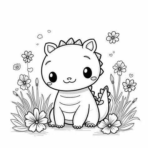 The coloring page of a cute lovely kawaii-style crocodile: white background, Luminous flowers. For children from 5 to Make another, black and white