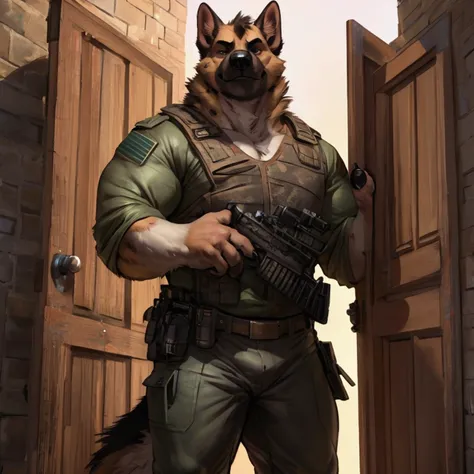 furry, anthro, german shepherd black:1.5, solo, male, standing with a AK 47 on the door looking slyly at the viewer:1.3, super detailed, military beige pants:1.4, detailed face, best art, 8k, vibrant, by taran fiddler:1.8, by RedRusker:1.8, art stile, perf...