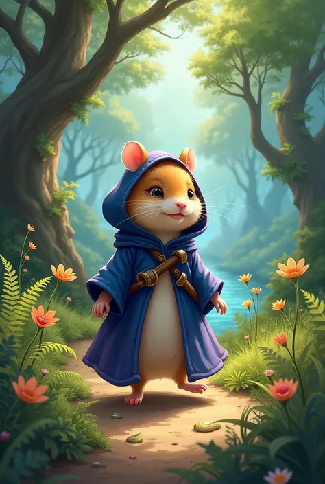  Anthropomorphic female Hamster Sorcerer Strolling through the trees on a wooded path near a river