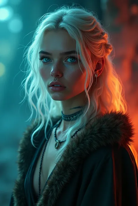 A beautiful 20-year-old woman with chalky white hair, Nordic features, Detailed turquoise eyes, soft skin, an earring in her nose and another in her lower lip, Nordic tattoo on his neck, dressed in Viking clothes, vibrant colors, heavy atmosphere, artistic...