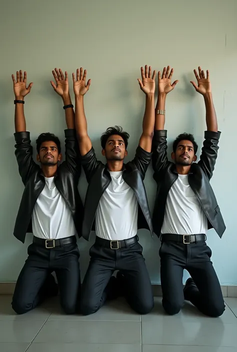 Three 1 sri lankan young males wearing white shirt short sleeve black trousers and fasionable buckle belt and leather jacket kneeling in the class room corner  against the wall with both their hands raised straight high up and palms above their heads and t...