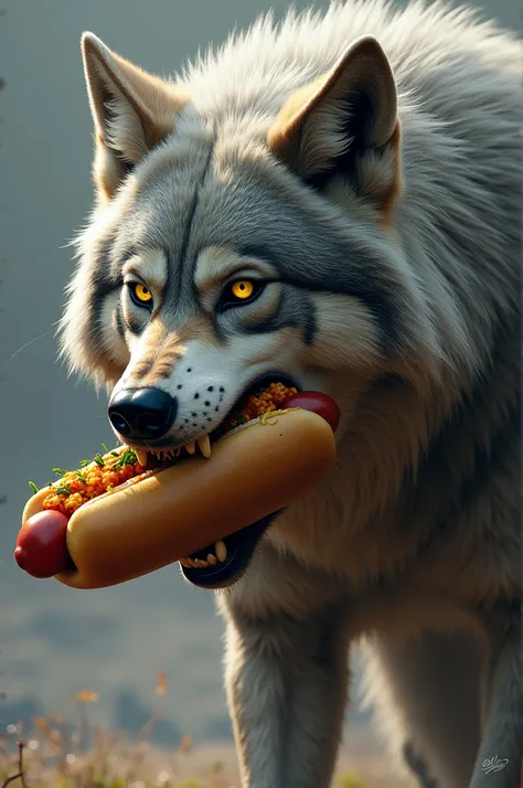 Wolf eating a hot dog 