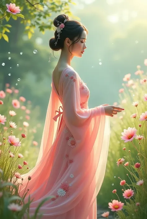 Chinese solar terms，White Dew，Flowers and Grass，dew，morning glow，White Dew节气，Women&#39;s pink hanfu