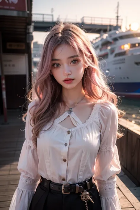 Light pink hair, Pink Eyes,  At the port, Vibrant colors, steampunk, Blouse White、 Sunset behind, Ray Tracing, Wavy long hair、