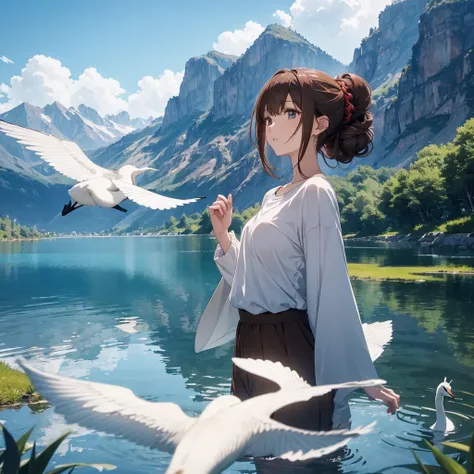 "An anime-style scene featuring a peaceful lake and mountain landscape. A woman with brown hair in an updo is wearing a white long-sleeved T-shirt. In the lake, there are elegant white swans gliding across the water. The scene is in high-quality with vivid...