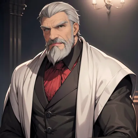 1man,gray hair, gray mustache, gray beard,vampire, vampire fangs, handsome, wearing black suitcoat, wearing red shoulder robe, d...