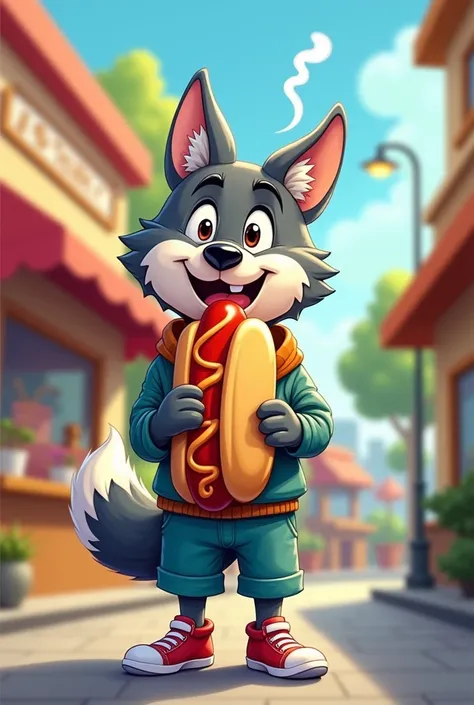 Wolf eating a hot dog style cartoon 