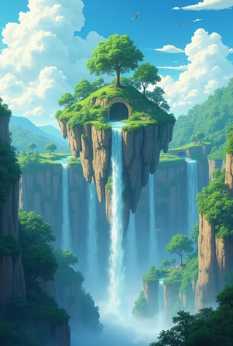 Popular anime nature wallpapers in 4K quality，Digital illustration style inspired by Hayao Miyazaki，A floating island with trees, agaric(Waterfall Type)