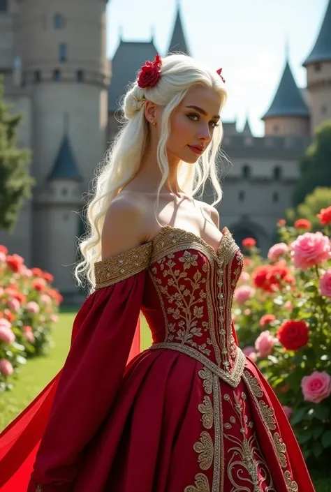 fantasy, Princess Targaryen, 14th century, bright day, in the garden, many flowers, a girl with white hair, in a red dress of the 14th century, embroidered with gold threads of rubies and diamonds, with open shoulders, looks like Jessie Mae Lee, on the bac...