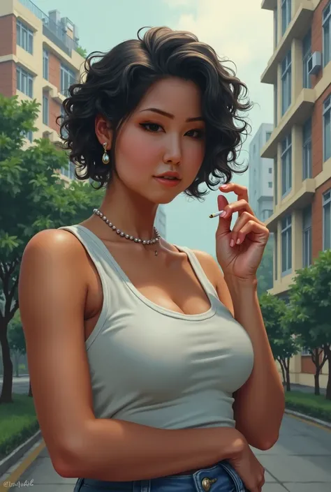 young indonesian woman , curly hair with roll , holding a cigarette . plump body , plump thighs . just wearing a white tank top . apartment building background . very detail , high resolution .