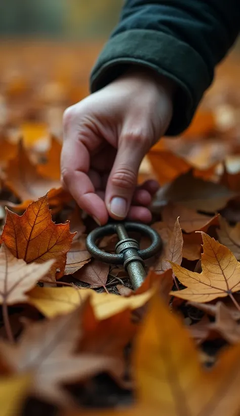 Close-up of a rusty old key lying under a pile of fallen leaves. A hand (the protagonist’s) picks it up.