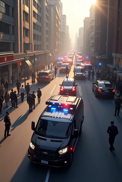 Police force,armed,mobil police,siren light,roadside,front of the bank building,top camera angle,background of many people,traffic vehicle,Afternoon