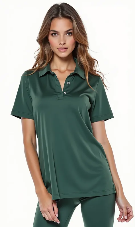 Young Woman wearing a green top and leggings, green shirt, casual green clothing, green clothing, green clothes, green tunic, forest green, wearing green clothing, in a dark green polo shirt, dark green, wearing a t-shirt, short sleeves, deep green, solid ...