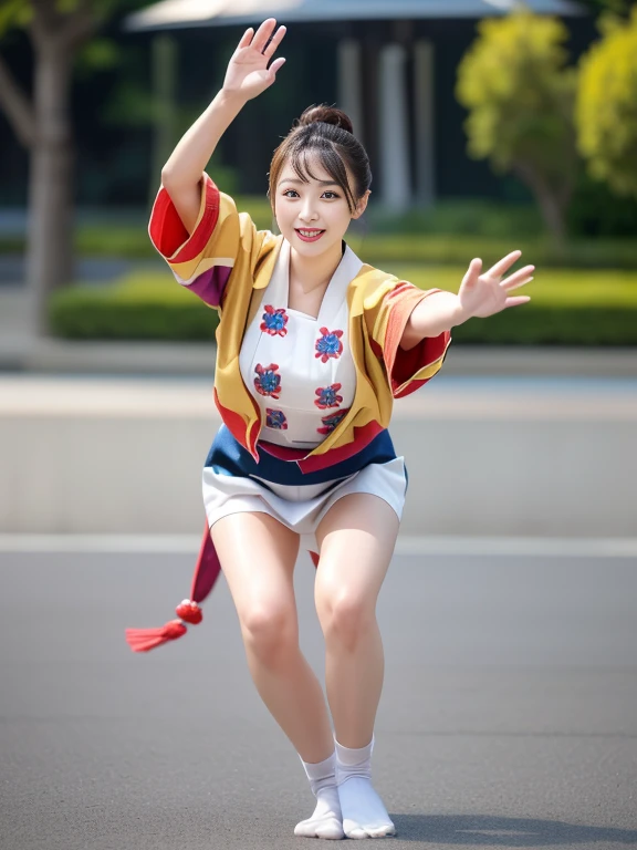 Photo-realistic quality、A Japanese woman wearing a white happi coat is dancing the Awa Odori dance in the park、Cute playful pose of the dancer, White socks、Traditional Japanese Kimono、looking at the camera、Detailed and beautiful eyes、Cute smile、A soft and ...