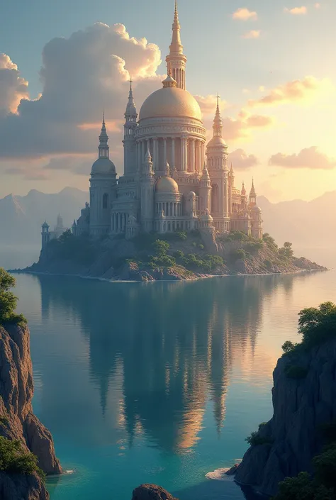 "Imagine a magnificent palace rising from the center of a serene, endless ocean. The palaces towering spires and domes are crafted from shimmering stone, glowing under the gentle hues of a sunset sky. Waves softly caress the shores of the tiny island on wh...