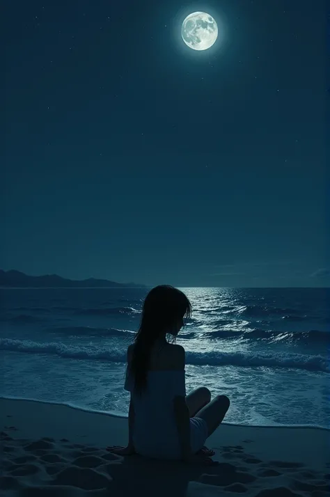 An image with a gurl is sitting alone in the beach and watching tides at night