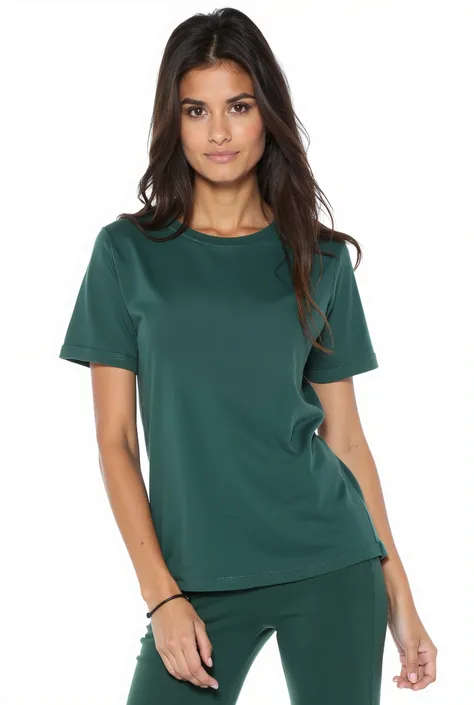 Young Woman wearing a green top and leggings, green shirt, casual green clothing, green clothing, green clothes, green tunic, forest green, wearing green clothing, in a dark green shirt, dark green, wearing a t-shirt, short sleeves, deep green, solid color...