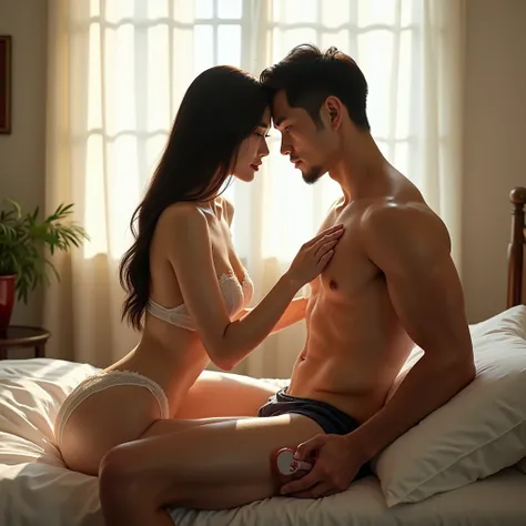 Chinese beauty，Nipples visible in translucent underwear，Lace-trimmed translucent panties exposing pubic hair，Challenging posture，Play with vagina，Sitting on the edge of the bed is a six-pack，Holding a sex toy with one hand high, exposing armpit hair，chest ...