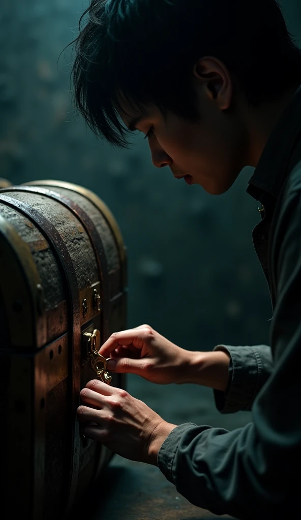 The protagonist inserts the key into the chest’s lock. Slow, dramatic turn of the key as it clicks.