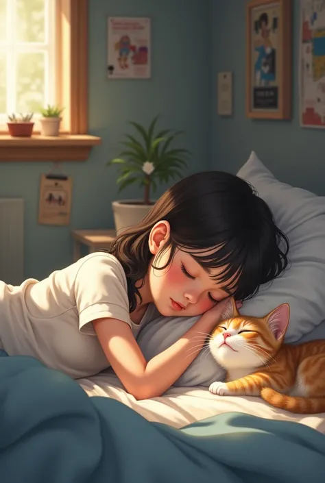 A girl is sleeping in the room and a cat is crying next to the girl