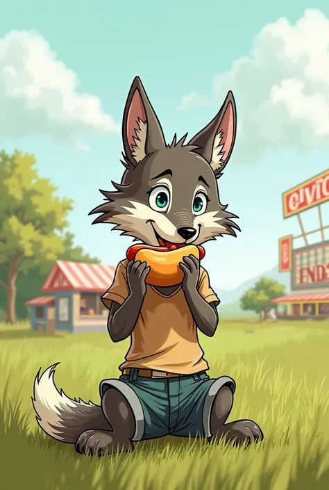 Wolf dressed in shorts and a shirt eating a hot dog in a hand drawing style In a meadow with a marquee far behind 