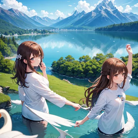 "An anime-style scene featuring a lake and mountain background. A woman with brown hair in an updo is standing by the lakeshore, wearing a white long-sleeved T-shirt. In the lake, graceful white swans are swimming. The scene is high-quality, with vivid det...