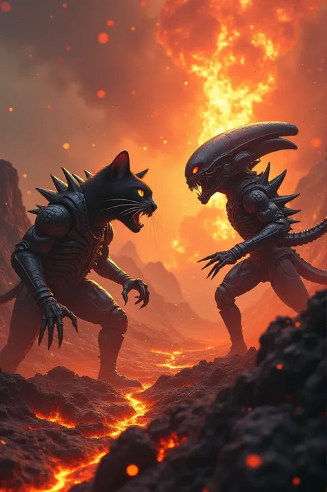 hyperealist, Battle of an army of ninja cats against an army of xenomorphs in a volcanic terrain where there are lava eruptions and a sky full of meteorites made of jelly beans