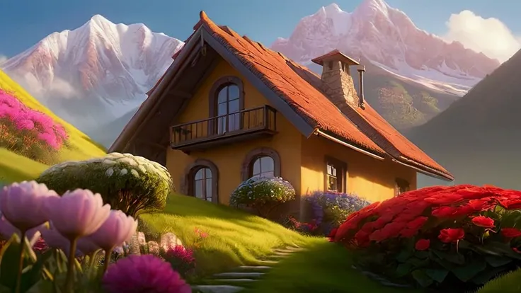 A house in a magical land amidst mountains and beautiful flowers in the morning.