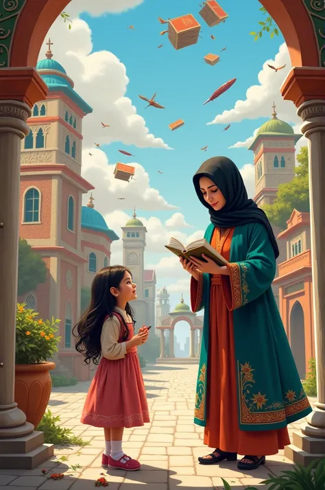 Fantasy picture of an Iranian elementary school girl with a teacher